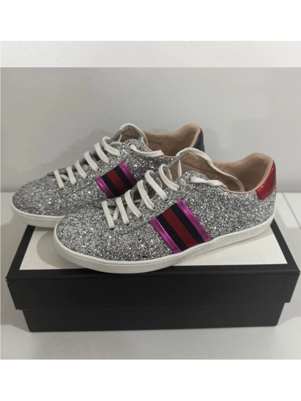 Gucci Silver Glitter Sneakers with Pink and Black Stripe Accents